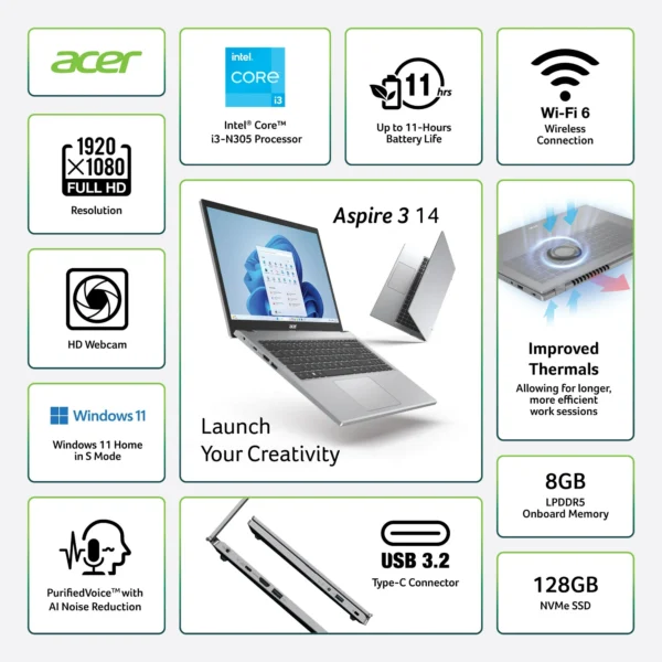 ACER ASPIRE 3 INTEL CORE I3-N305 8GB DDR5 128GB SSD 14" FULL HD WIN 11 HOME - Image 3
